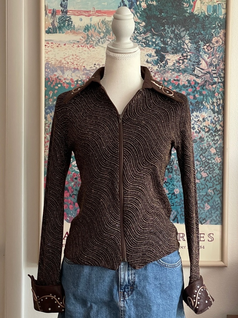 VTG 1849 Authentic Ranchwear Brown Zip Up Show Top S Beads Western Rodeo Cowgirl